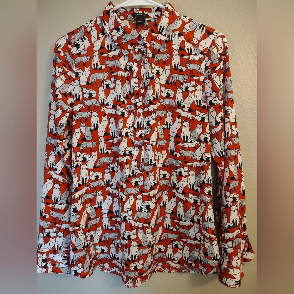 Ann Taylor Fox Print Long Sleeve Tunic Women's Blouse Xtra Small